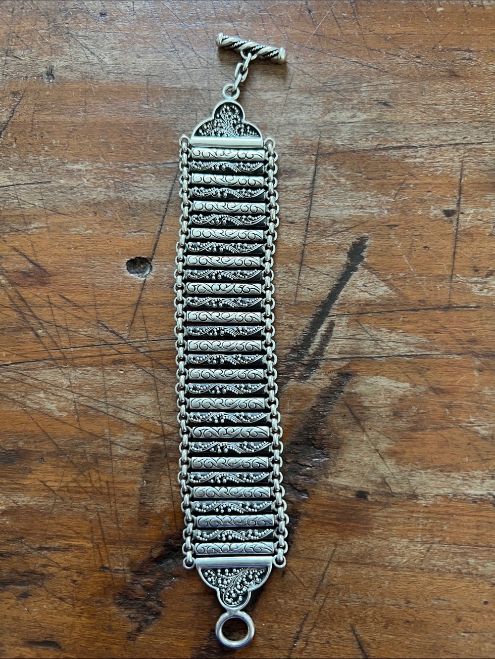 Lois Hill Granulated Scroll Link Sterling Silver Bracelet - 7”